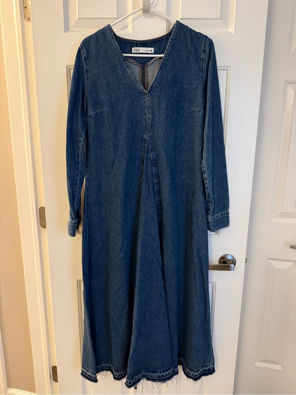 Zara Dark Blue Denim Maxi Dress with V-Neck